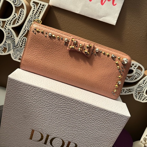 Miu Miu Pink Leather Studded Bow Crystal Embellished Zip Around Wallet - Picture 14 of 15